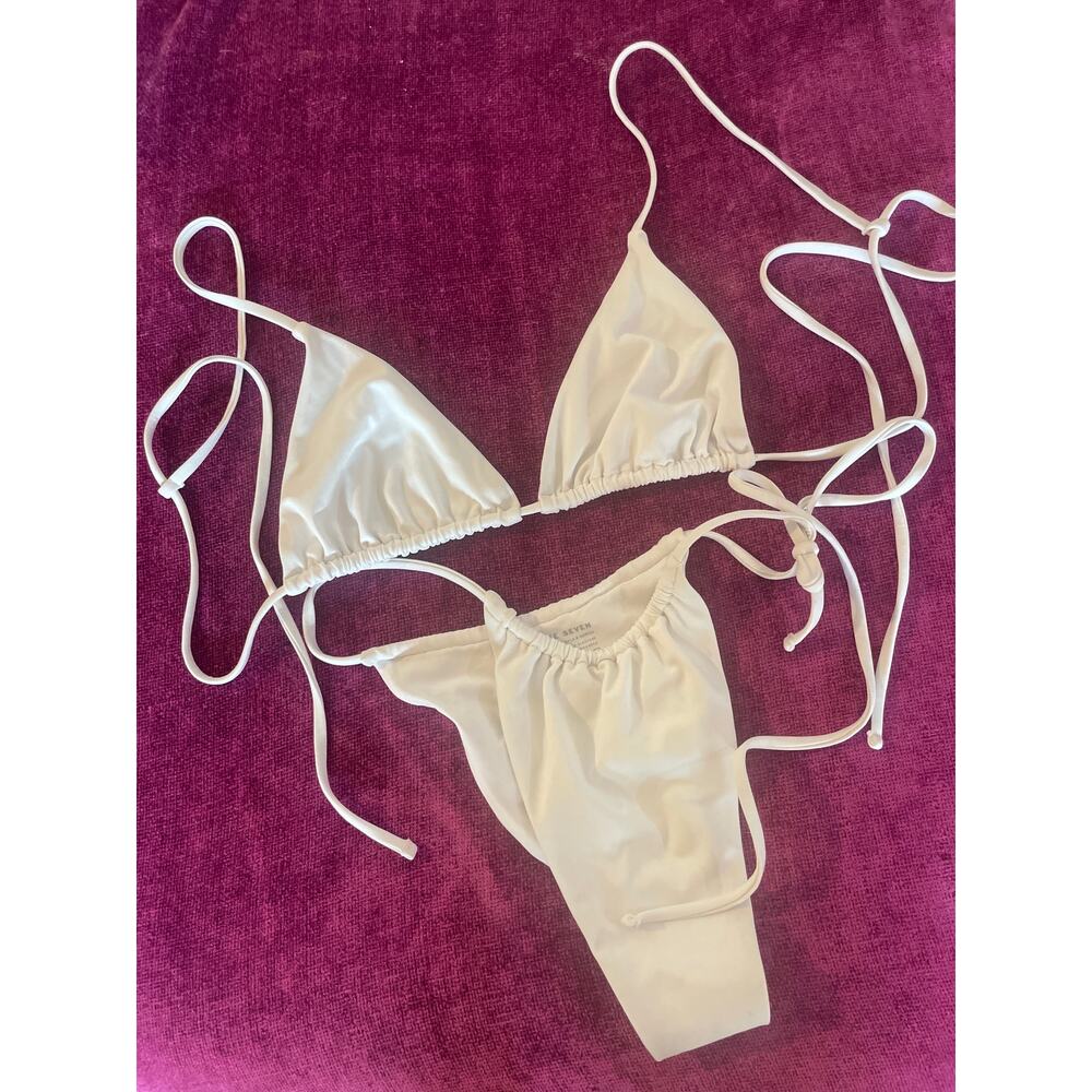 437 FOUR THREE SEVEN White String Bikini Set Small SKIMPY SEXY Side Tie Triangle - Picture 2 of 5
